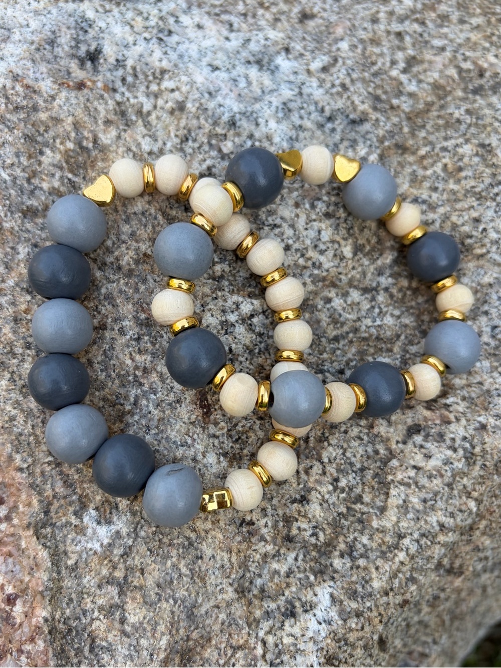 {Handmade} Gray and Cream Wooden Bracelet Set